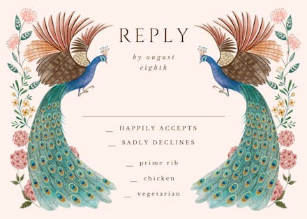 Peacocks & flowers rsvp - rsvp card