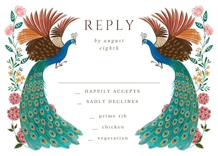Peacocks & flowers rsvp - rsvp card