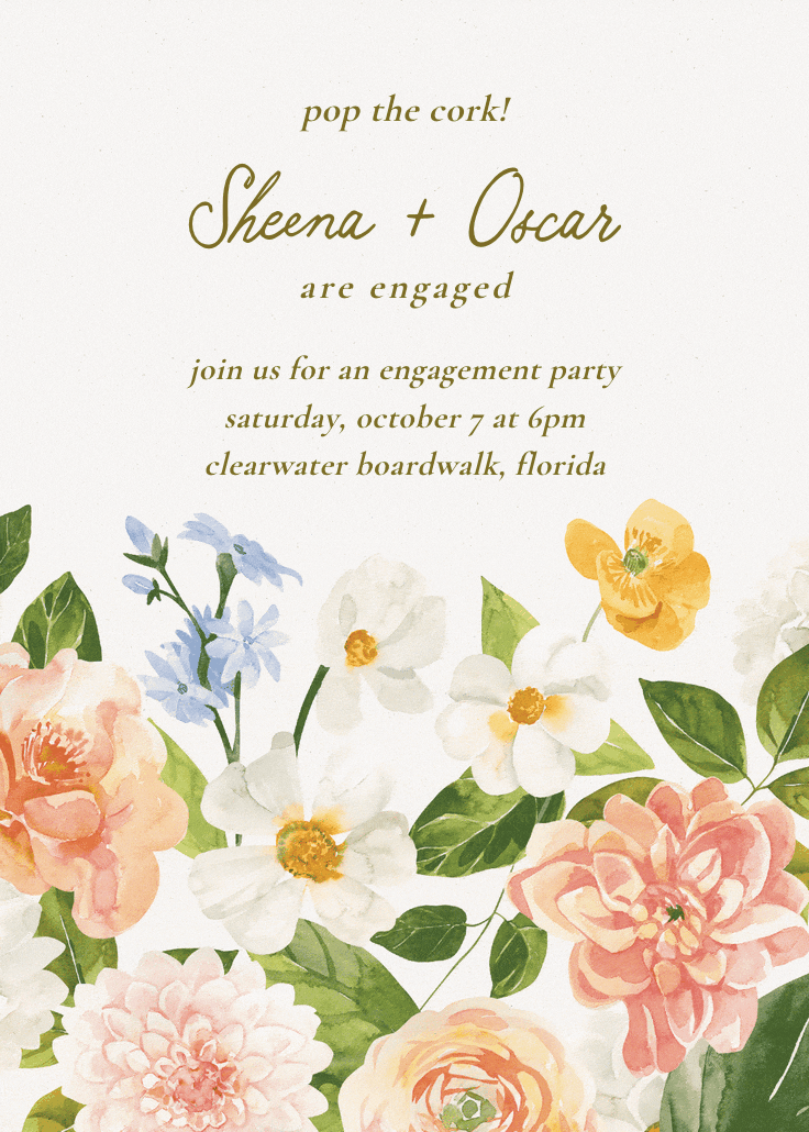 Blooming peonies - engagement party invitation