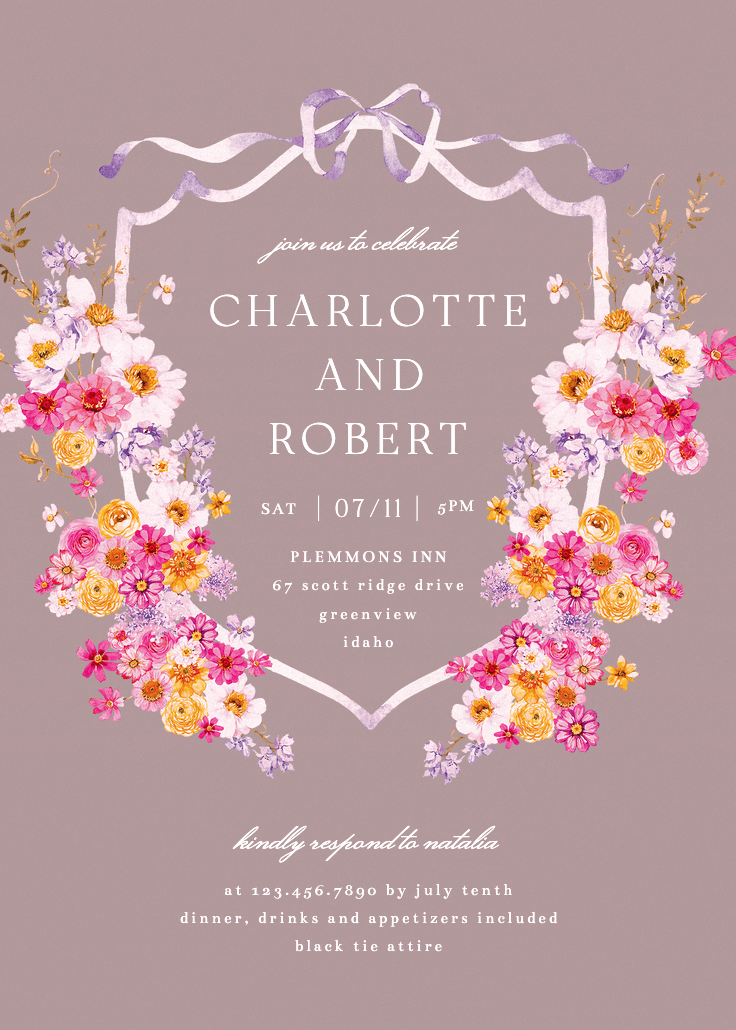 Blooms around crest - engagement party invitation