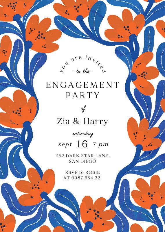 Blue and orange frame - engagement party invitation