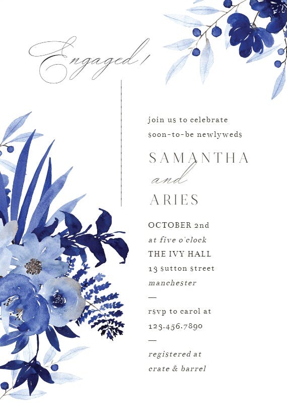 Blue bouquet pastel paint -  invitación para fiesta de compromiso
