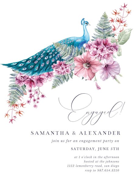 Blue peacock - engagement party invitation