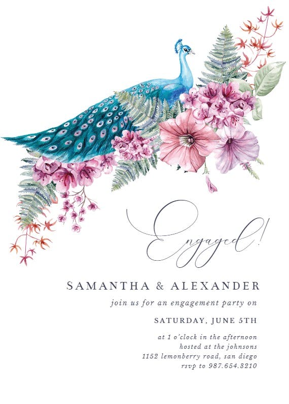 Blue peacock - engagement party invitation