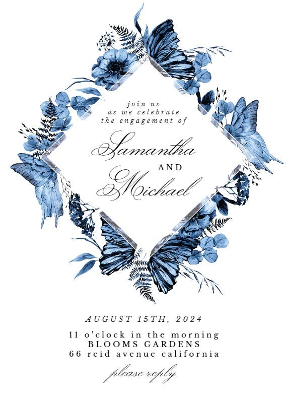 Boho blue floral -  invitación para fiesta de compromiso