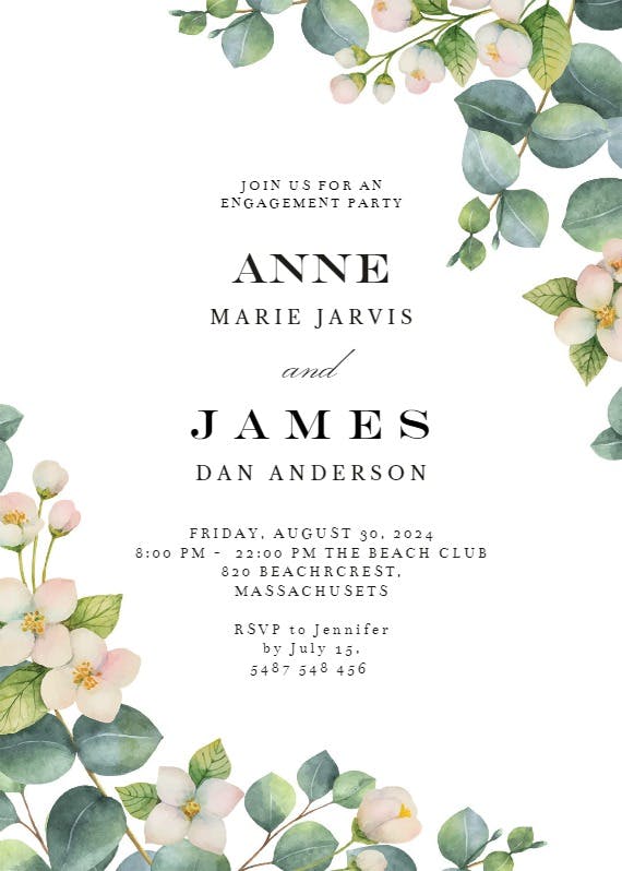 Botanical & white flowers - engagement party invitation