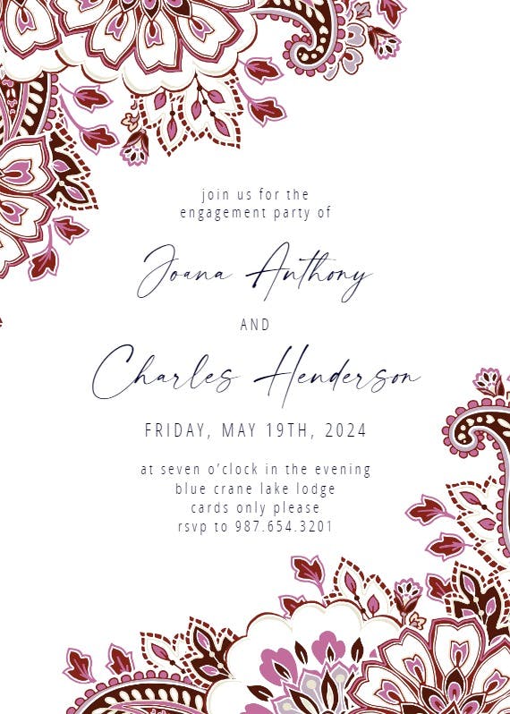 Colored paisley frame - engagement party invitation