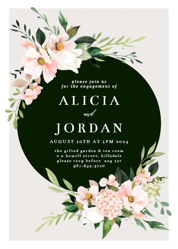Elegant botanical wreath - engagement party invitation