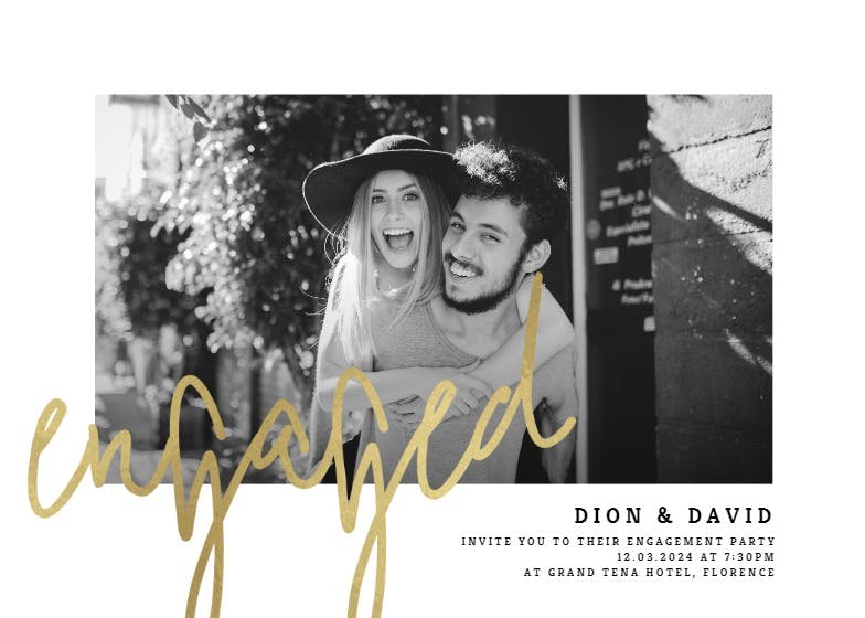 Engaged gold lettering - engagement party invitation