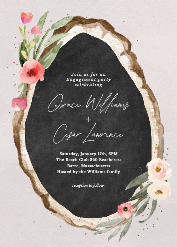 Floral wood slice - engagement party invitation