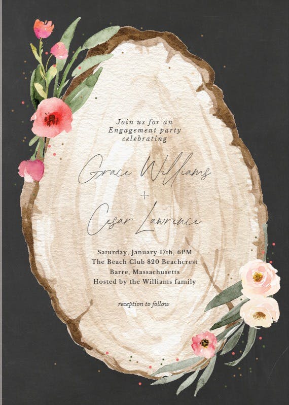 Floral wood slice - engagement party invitation