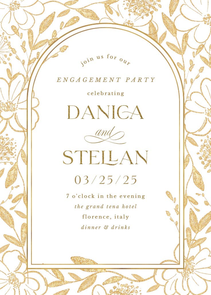 Gold surrounded by blooms - engagement party invitation