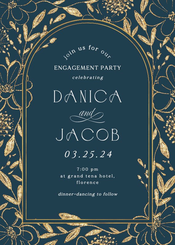 Gold surrounded by blooms - engagement party invitation