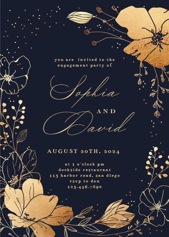 Golden flowers frame - engagement party invitation
