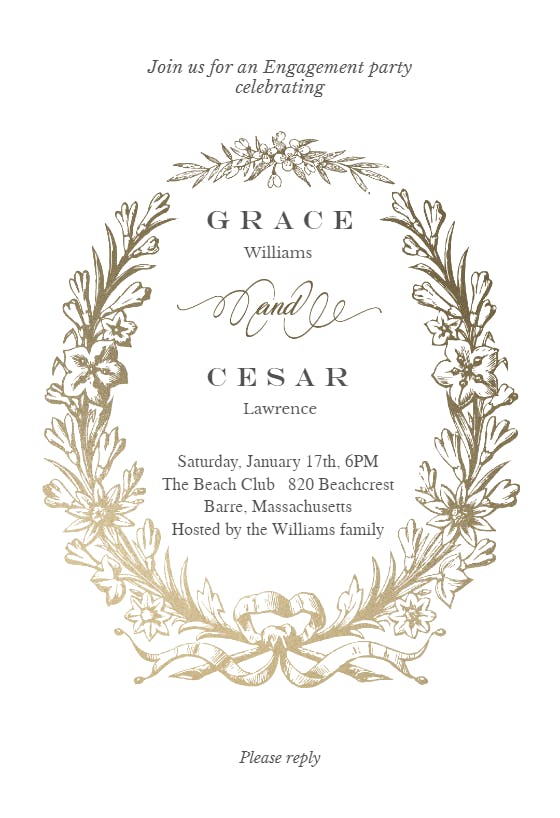 Golden wreath - engagement party invitation