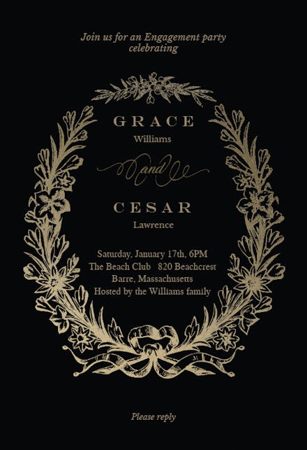 Golden wreath - engagement party invitation