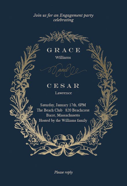 Golden wreath - engagement party invitation