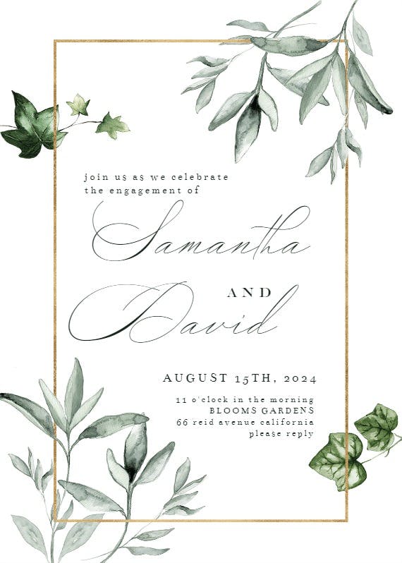 Greenery and gold frame - engagement party invitation