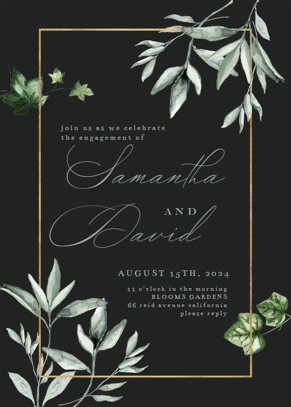 Greenery and gold frame - engagement party invitation