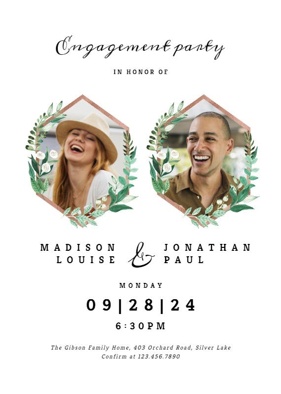 Greenery double photo - engagement party invitation