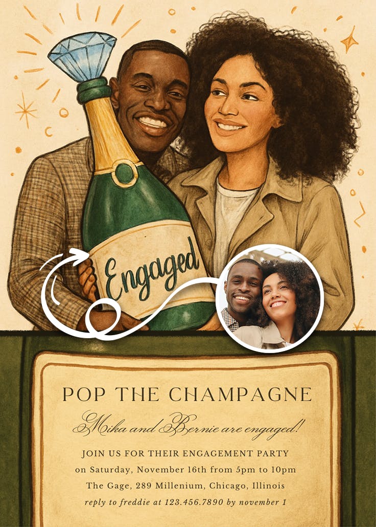 Hand drawn champagne -  invitación para fiesta de compromiso