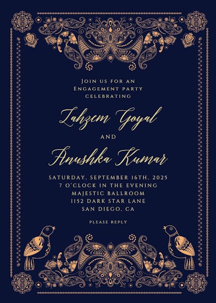 Indian paisley & birds -  invitación para fiesta de compromiso