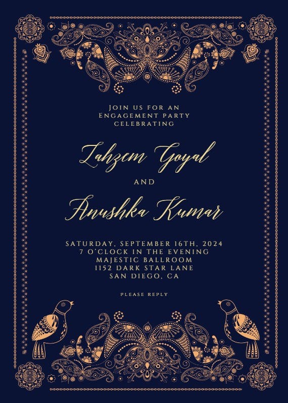 Indian paisley & birds - engagement party invitation