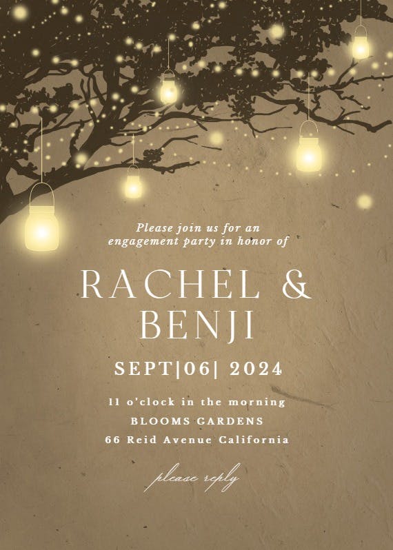 Lights on oak tree - engagement party invitation