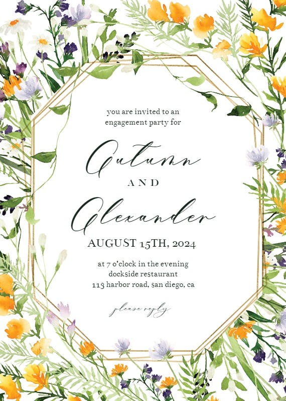 Meadow flowers golden frame - engagement party invitation