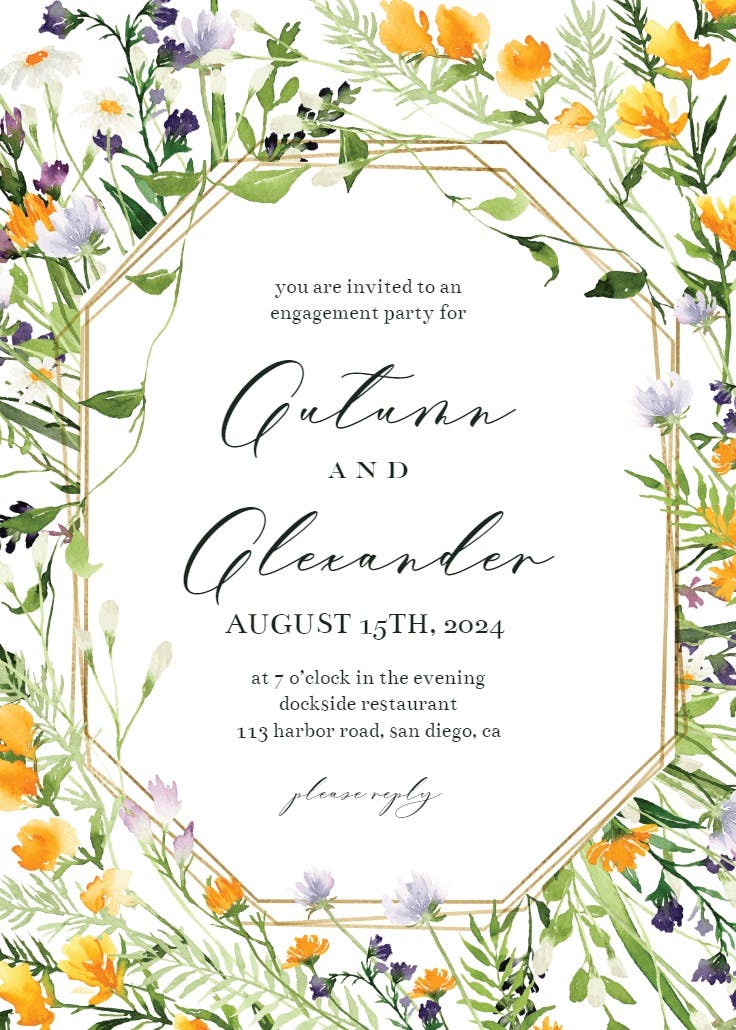 Meadow flowers golden frame -  invitación para fiesta de compromiso