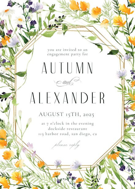 Meadow flowers golden frame - engagement party invitation
