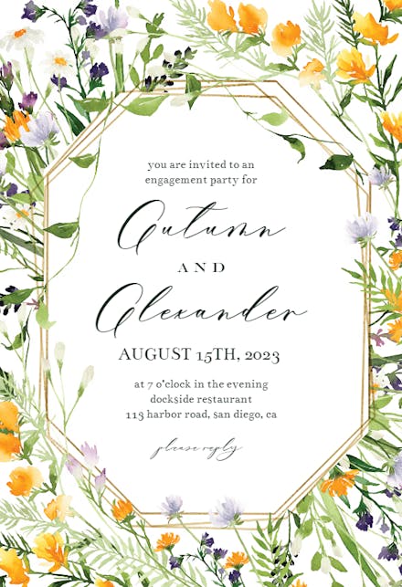 Meadow Flowers Golden Frame - Engagement Party Invitation
