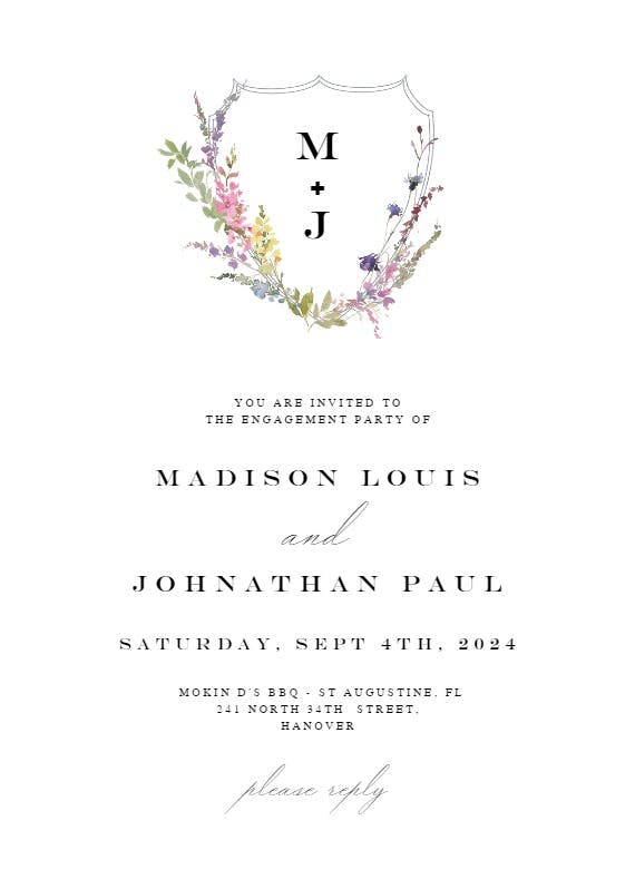 Meadow monogram floral -  invitación para fiesta de compromiso