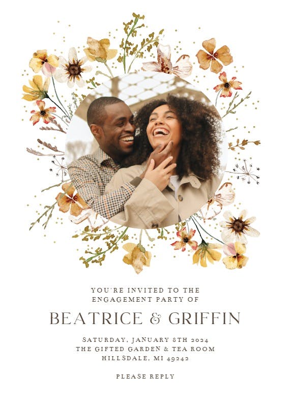 Meadow yellow flowers wreath - engagement party invitation