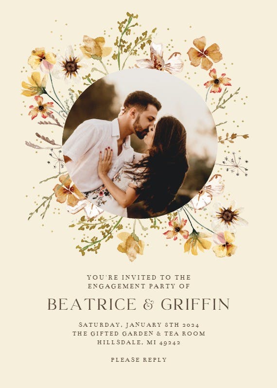 Meadow yellow flowers wreath - engagement party invitation