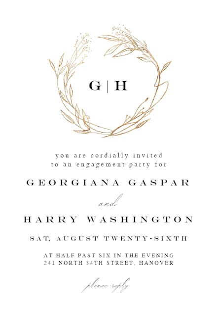 Monogram golden wreath - Engagement Party Invitation