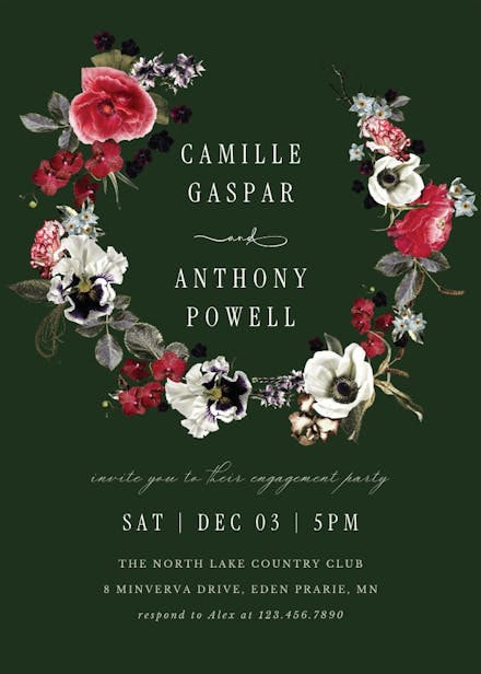 Moody flower wreath - engagement party invitation