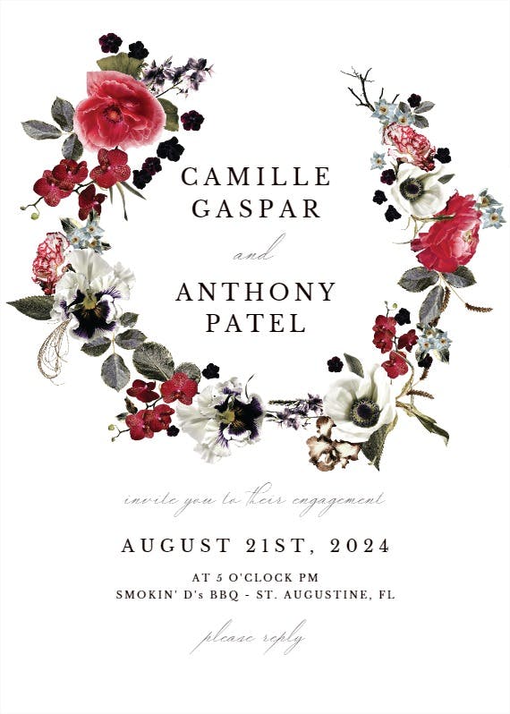 Moody flower wreath - engagement party invitation