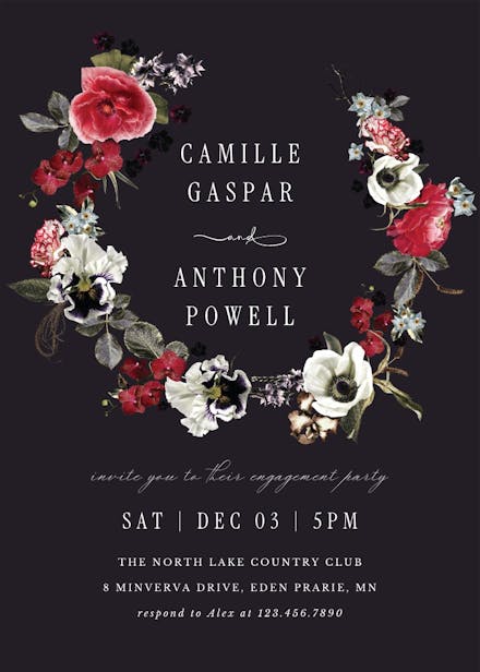 Moody flower wreath - engagement party invitation