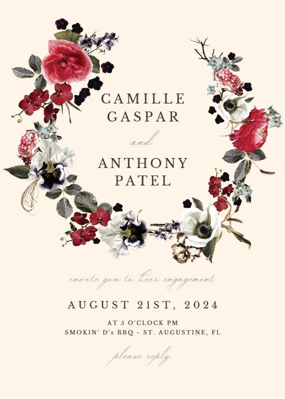 Moody flower wreath - engagement party invitation