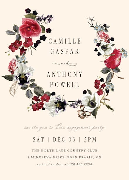 Moody flower wreath - engagement party invitation