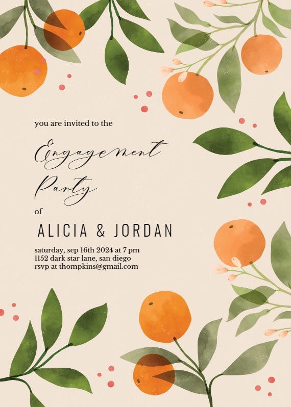 Oranges and florals -  invitación para fiesta de compromiso