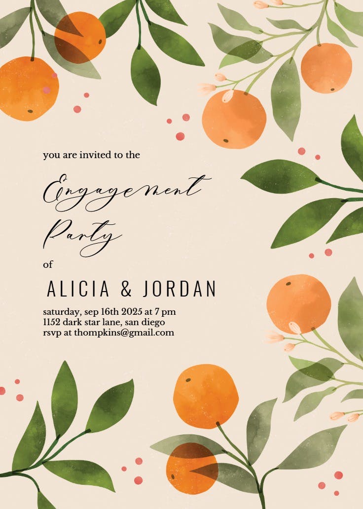 Oranges and florals -  invitación para fiesta de compromiso