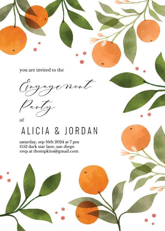 Oranges and florals -  invitación para fiesta de compromiso