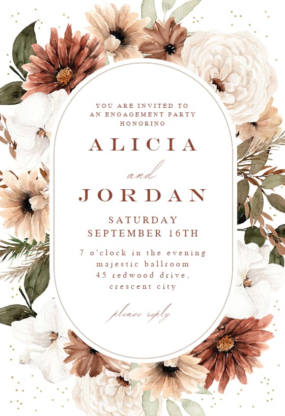 Pastel autumn flowers frame - engagement party invitation