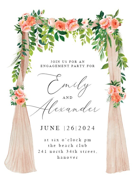 Peach floral canopy -  invitación para fiesta de compromiso