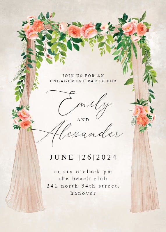 Peach floral canopy -  invitación para fiesta de compromiso