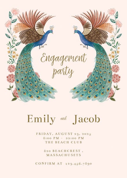 Peacock & flowers - engagement party invitation