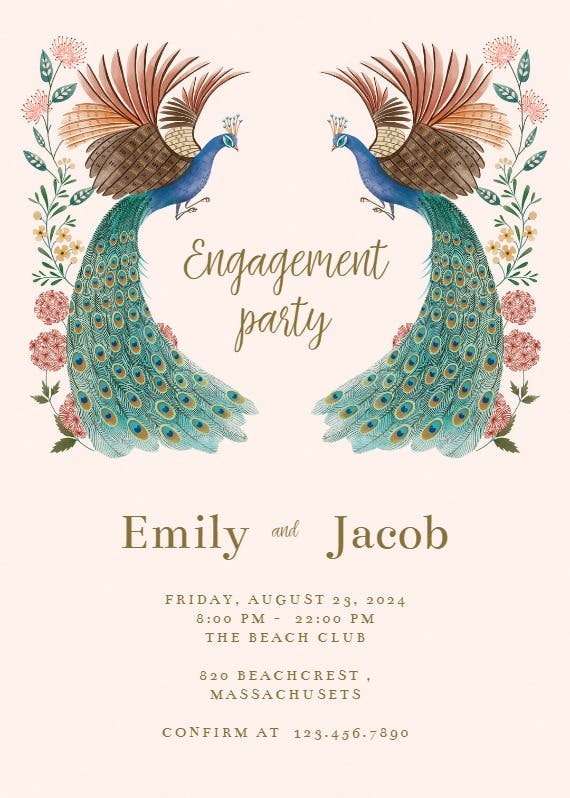 Peacock & flowers -  invitación para fiesta de compromiso