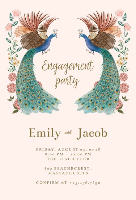 Peacock & flowers - Engagement Party Invitation